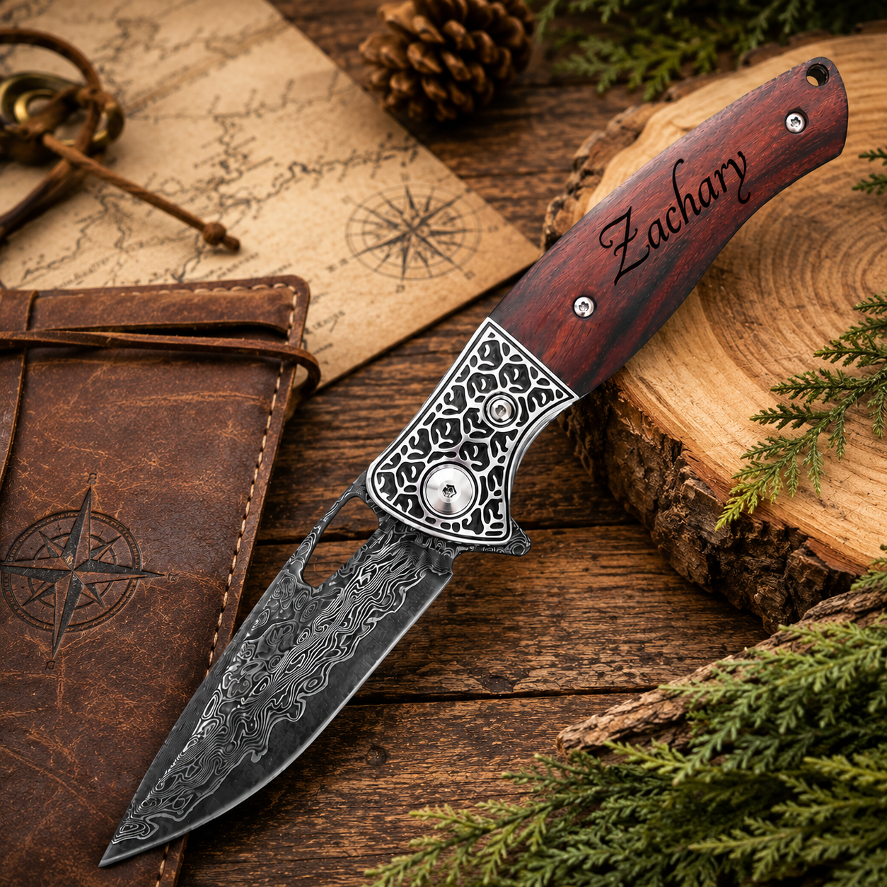 Personalized Damascus Steel Pocket Knife | Engraved Rosewood Handle Folding Knife | Custom Gift for Men | Premium Damascus Knife