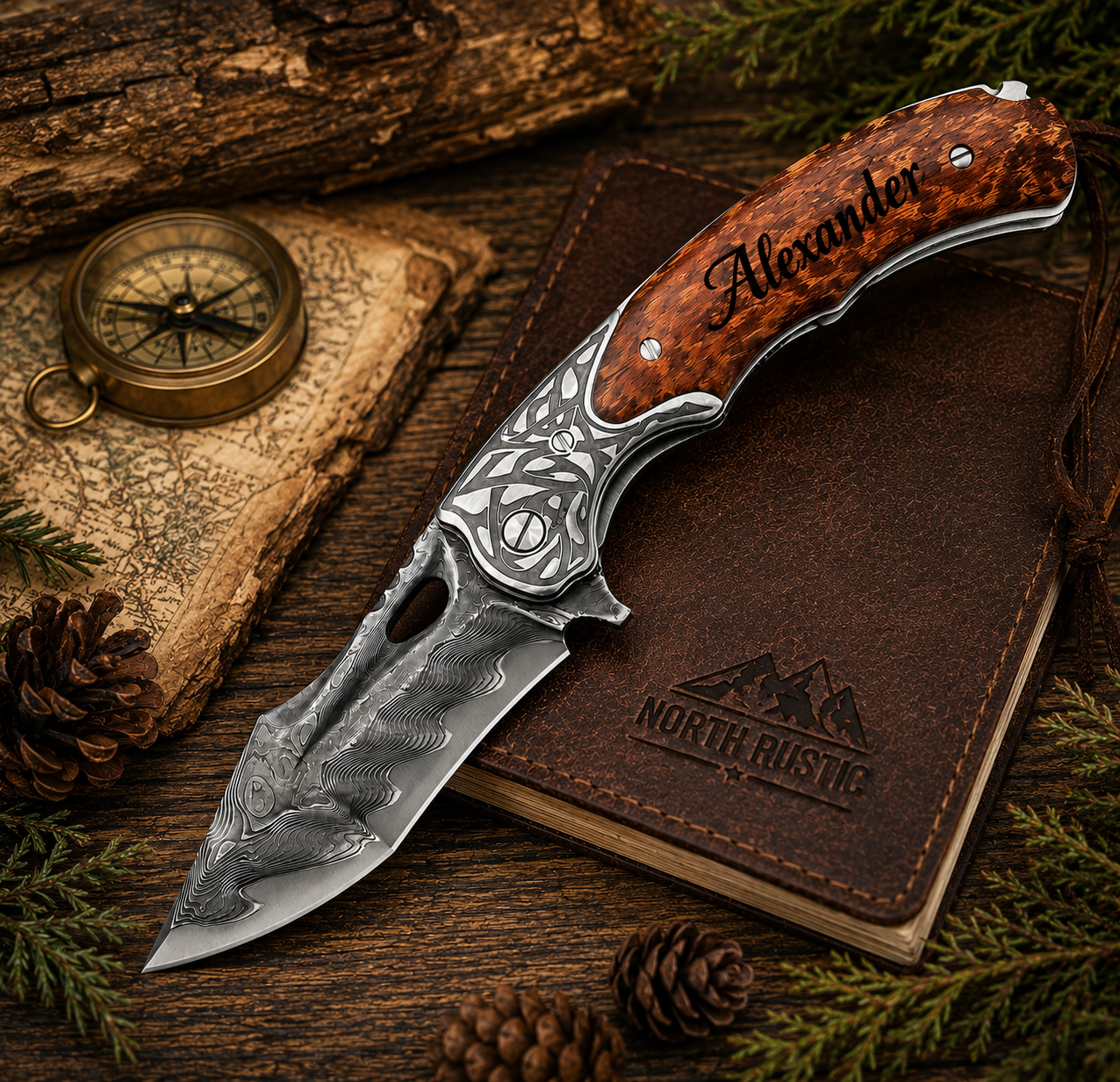 Personalized Damascus Steel Pocket Knife with Engraved Snakewood Handle