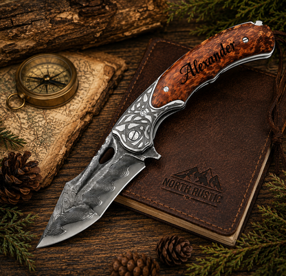 Personalized Damascus Steel Pocket Knife with Engraved Snakewood Handle