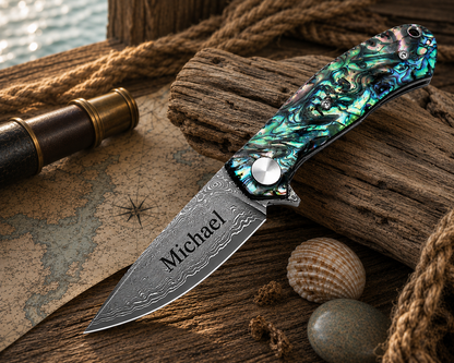 Engraved Damascus Abalone Pocket Knife
