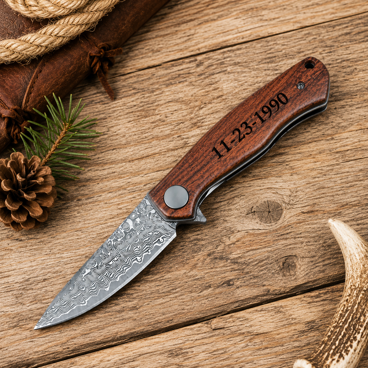 Personalized Damascus Wood Handle Knife | Custom Engraved Pocket Knife Gift
