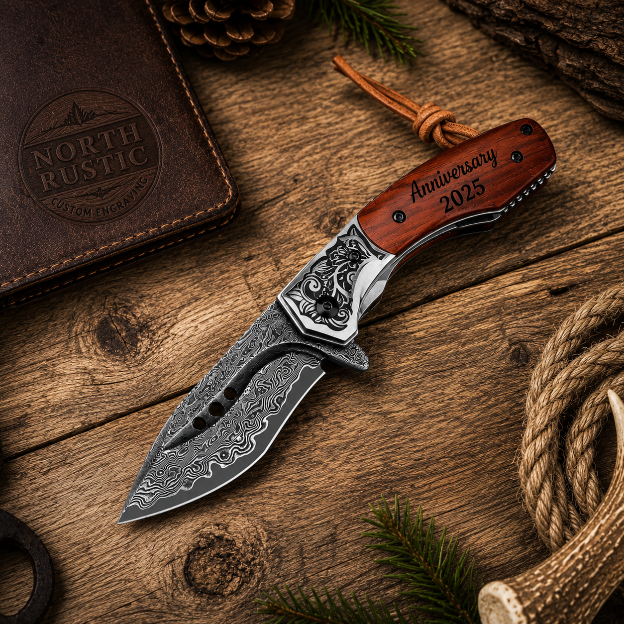 Engraved Damascus Pocket Knife - Premium VG10 with Wood Handle