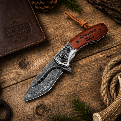 Engraved Damascus Pocket Knife - Premium VG10 with Wood Handle