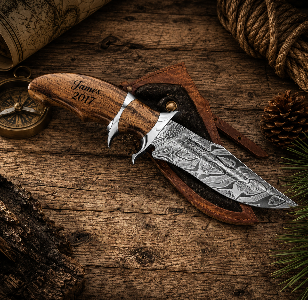 Personalized Damascus Hunting Knife – Fixed Blade Knife with Engraving