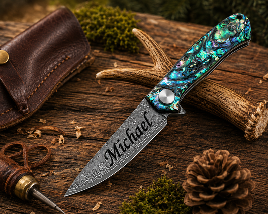 Engraved Damascus Abalone Pocket Knife