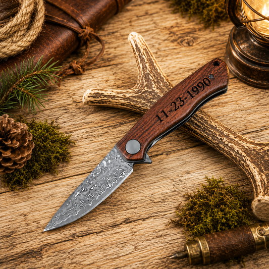 Personalized Damascus Wood Handle Knife | Custom Engraved Pocket Knife Gift