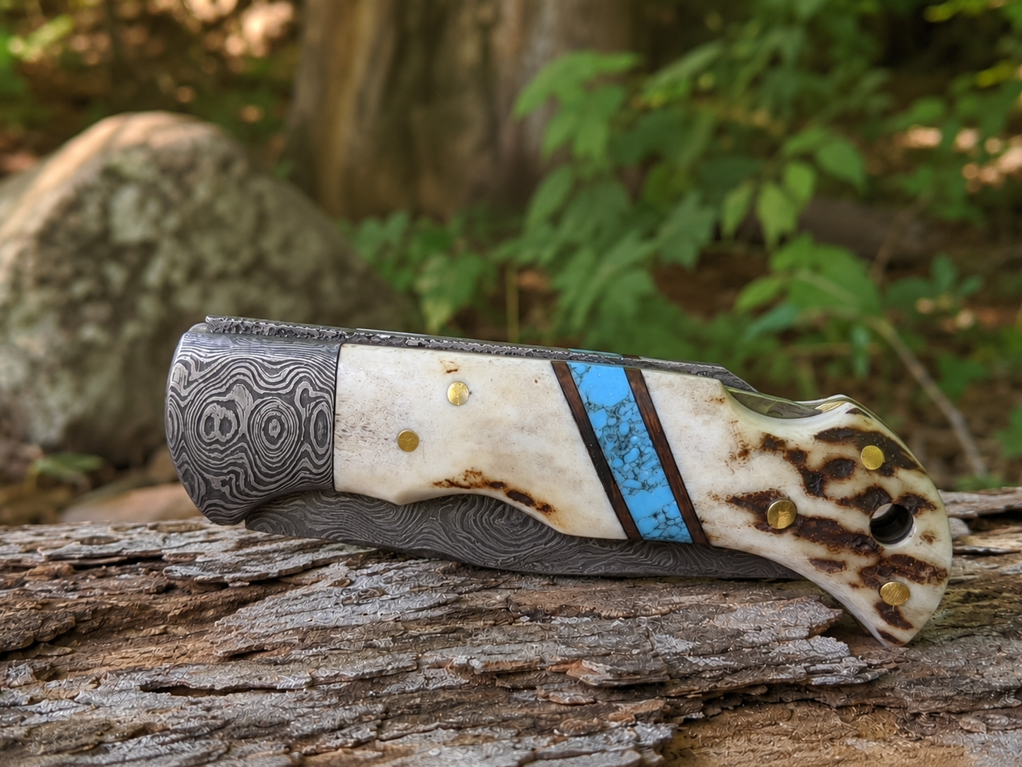 Engraved Damascus Pocket Folding Knife - Deer Antler Blue Turquoise Handle