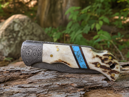 Engraved Damascus Pocket Folding Knife - Deer Antler Blue Turquoise Handle