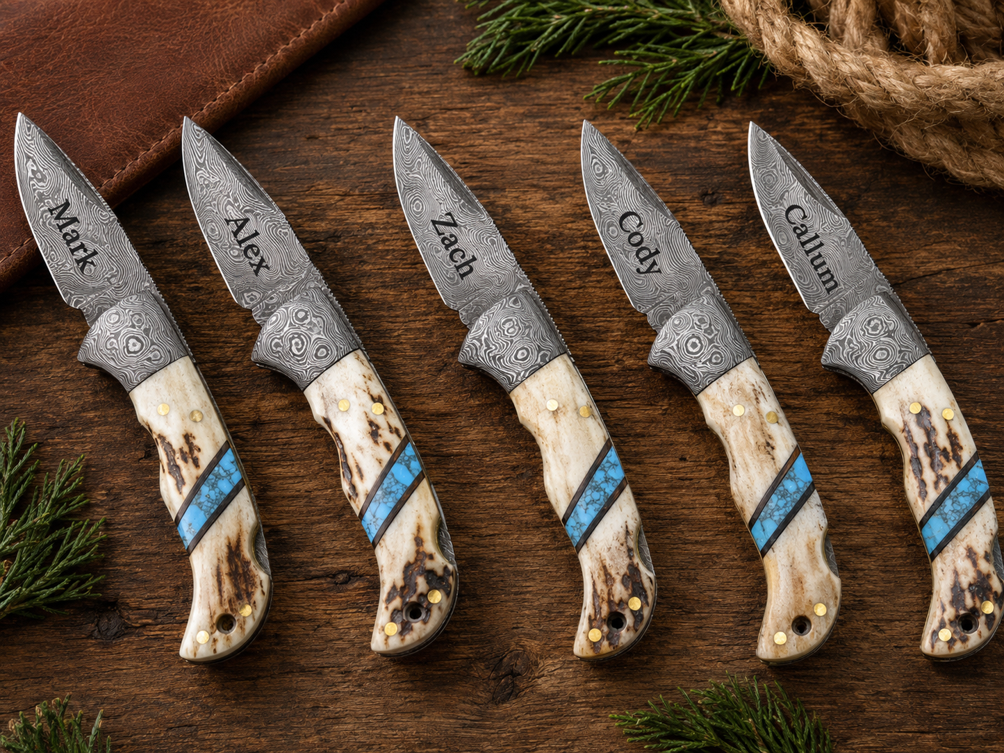 Engraved Damascus Pocket Folding Knife - Deer Antler Blue Turquoise Handle