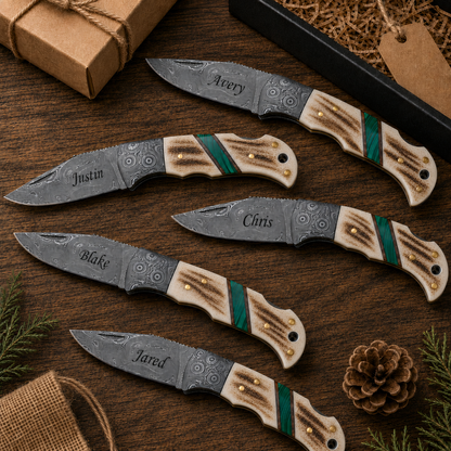 Engraved Damascus Pocket Folding Knife - Deer Antler Green Malachite Handle