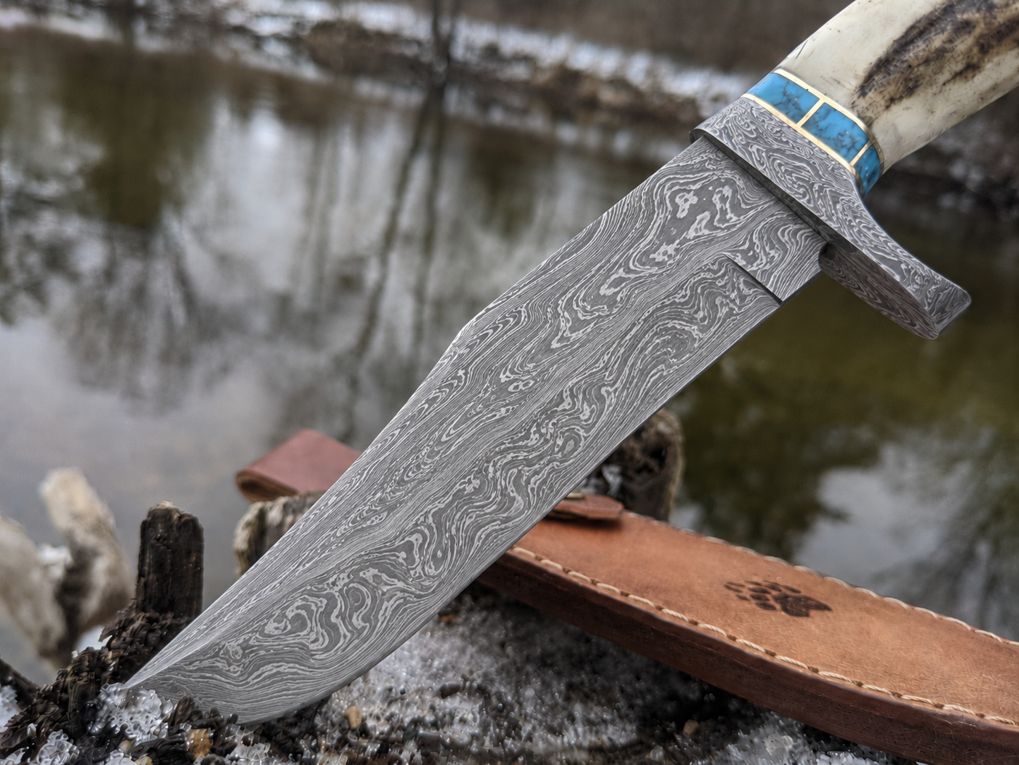 Engraved Antler Handle Damascus Hunting Knife Blue Turquoise