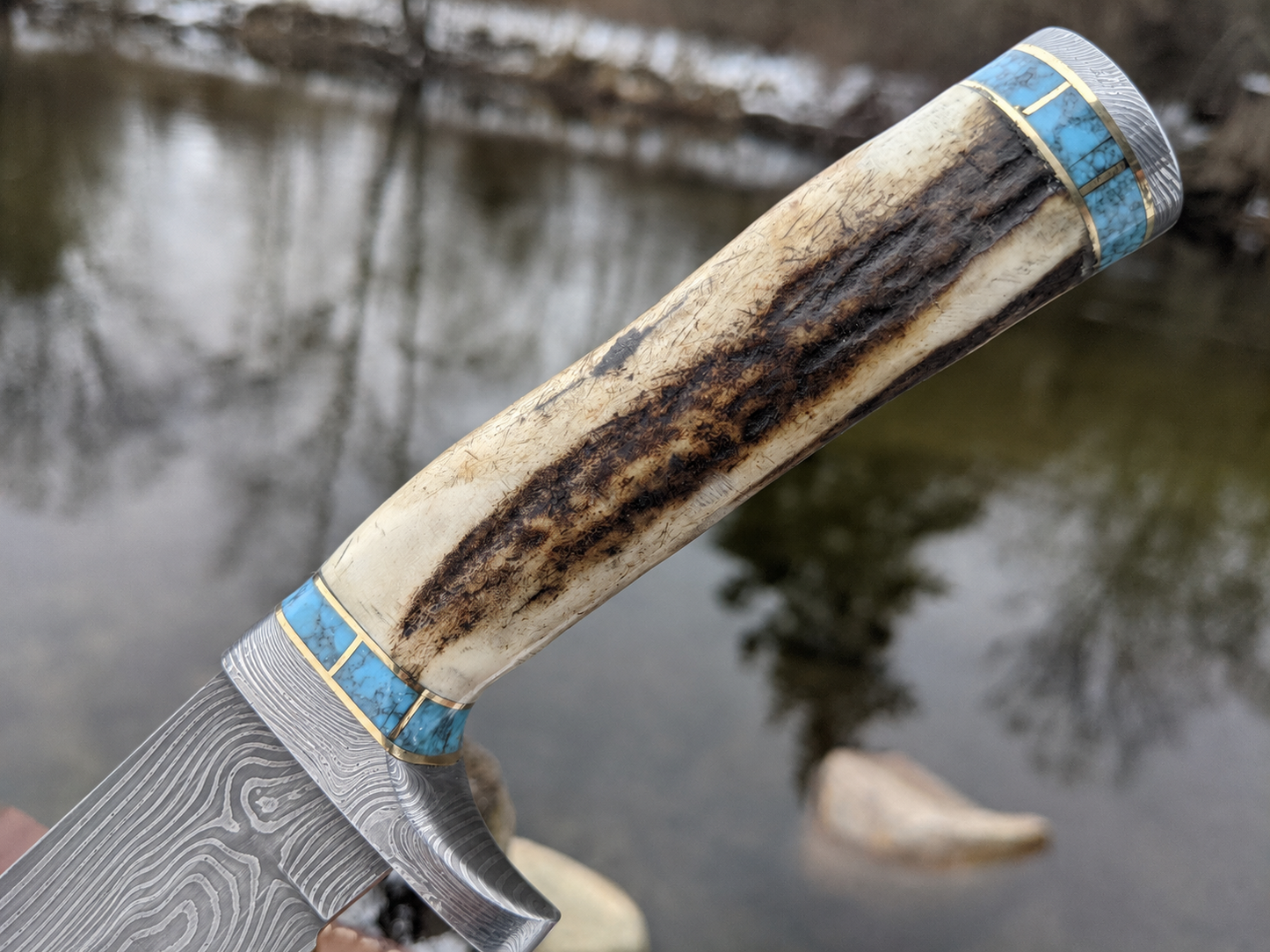 Engraved Antler Handle Damascus Hunting Knife Blue Turquoise