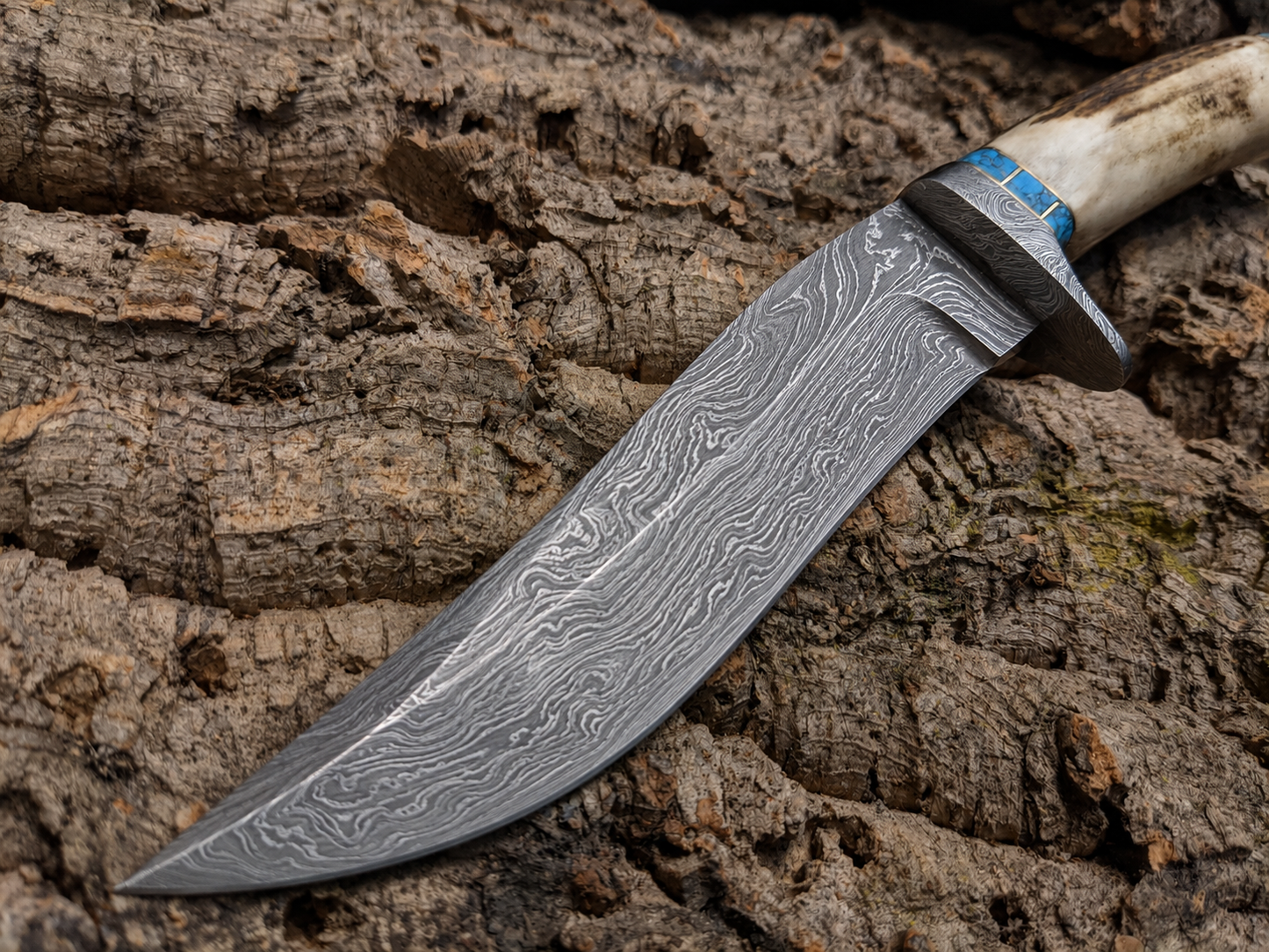 Engraved Antler Handle Damascus Hunting Knife Blue Turquoise