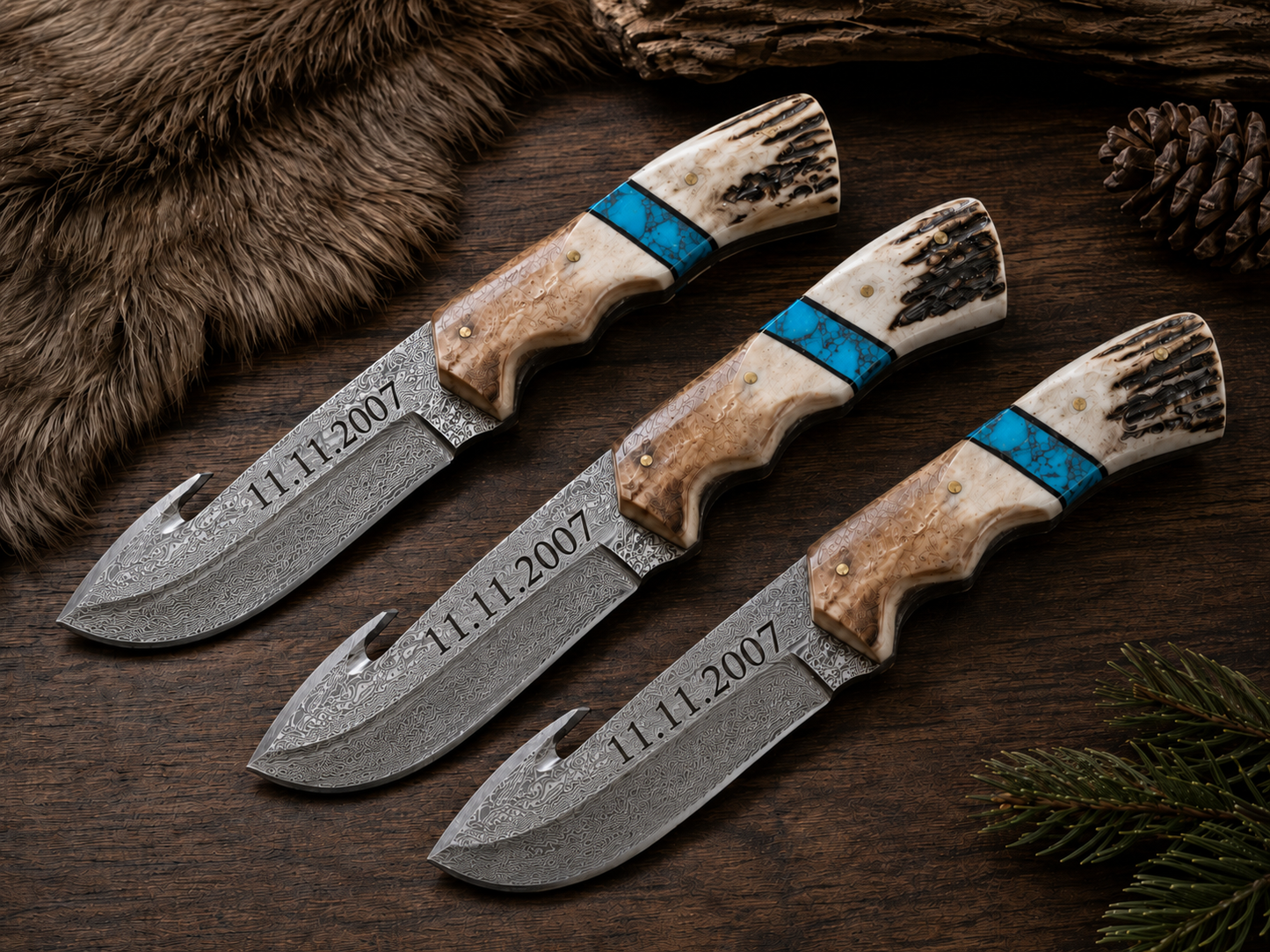 Engraved Damascus Hunting Knife Blue Turquoise Antler Handle