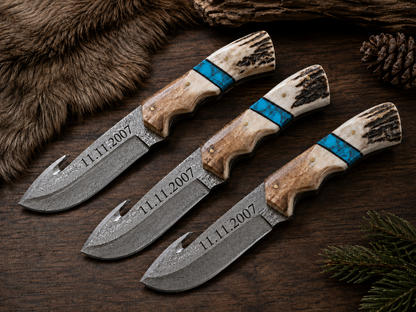 Engraved Damascus Hunting Knife Blue Turquoise Antler Handle