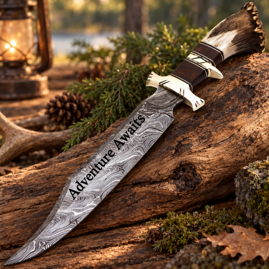 Engraved Damascus Hunting Knife, Deer Antler Stag Horn Handle, Personalized Hunting Knife, Custom Engraving Gift Father's Day Gift For Dad