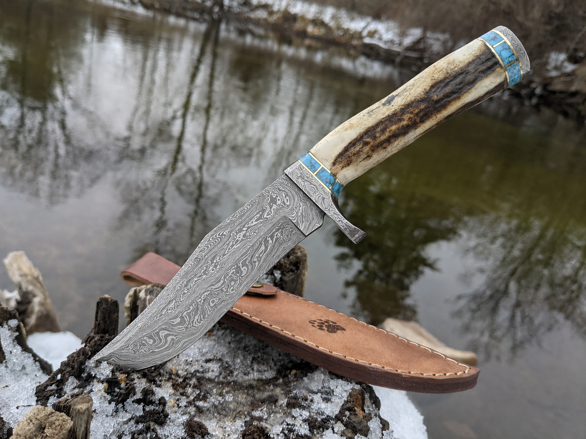 Engraved Antler Handle Damascus Hunting Knife Blue Turquoise