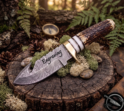 Deer Antler Handle Damascus Hunting Knife