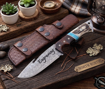 Deer Antler & Rosewood Handle Damascus 9.5" Hunting Knife Blue Turquoise