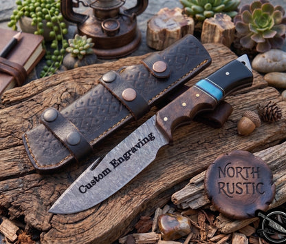 Ram Horn & Bull Horn Handle Damascus 10" Hunting Knife Blue Turquoise