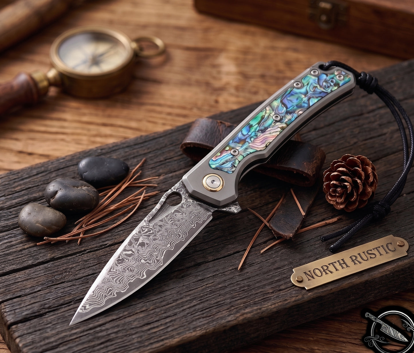 Engraved Damascus Pocket Knife - EDC Folding Knife with Abalone Handle