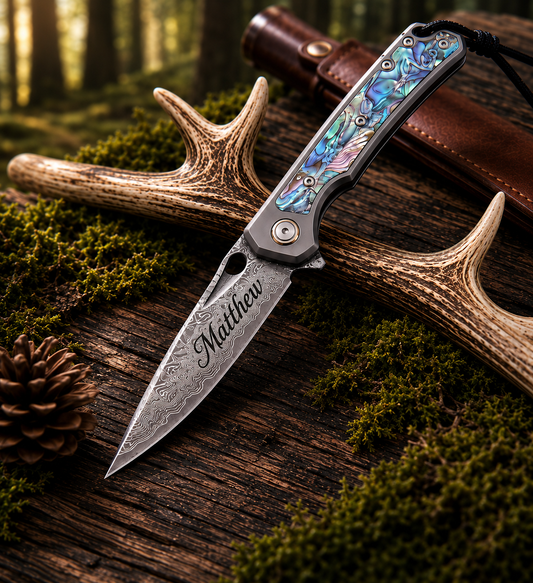 Engraved Damascus Pocket Knife - EDC Folding Knife with Abalone Handle