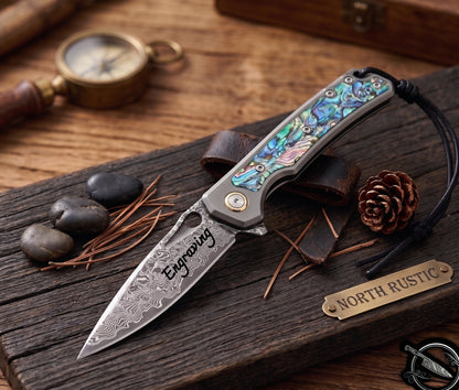 Engraved Damascus Pocket Knife - EDC Folding Knife with Abalone Handle