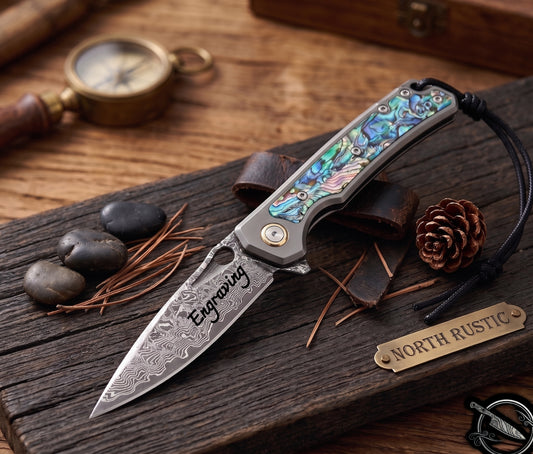 Abalone Inlay 3.46" Damascus Pocket Knife