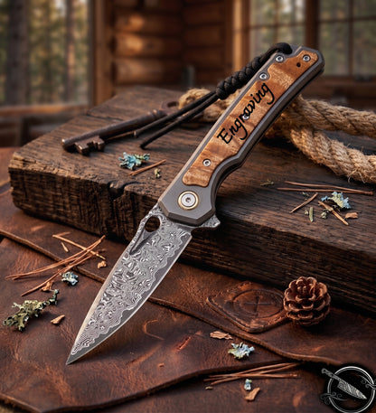 Maple Wood Inlay 3.46" Damascus Pocket Knife