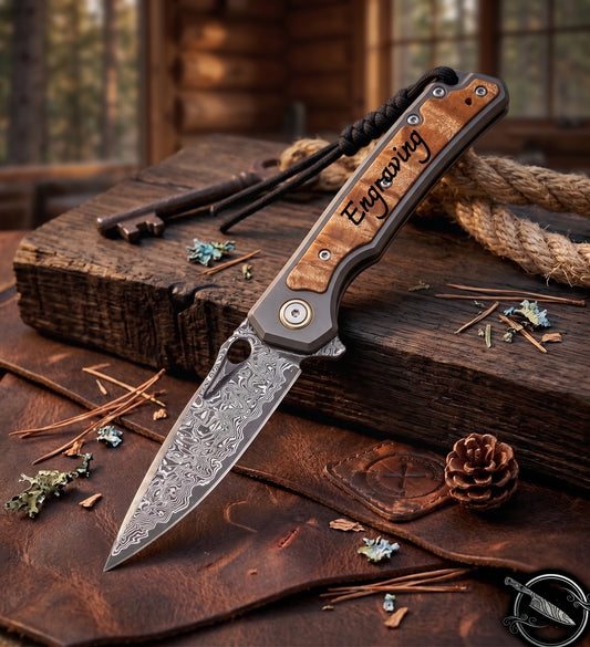 Maple Wood Inlay 3.46" Damascus Pocket Knife