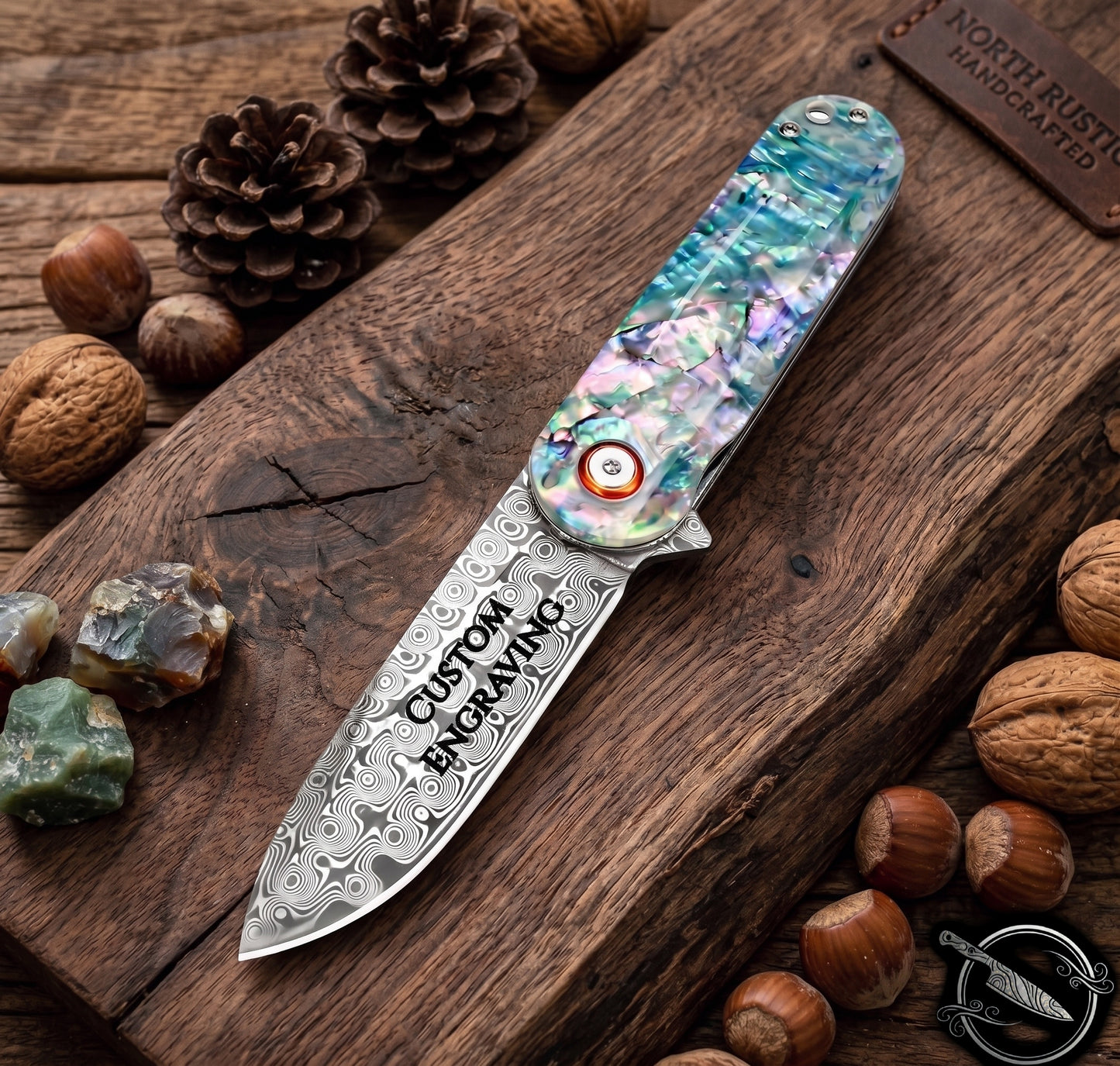 Damascus Folding Knife With Abalone Handle