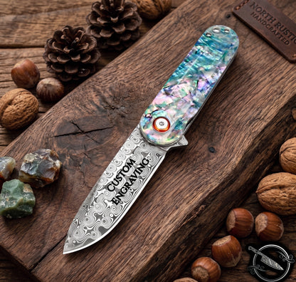 Damascus Folding Knife With Abalone Handle
