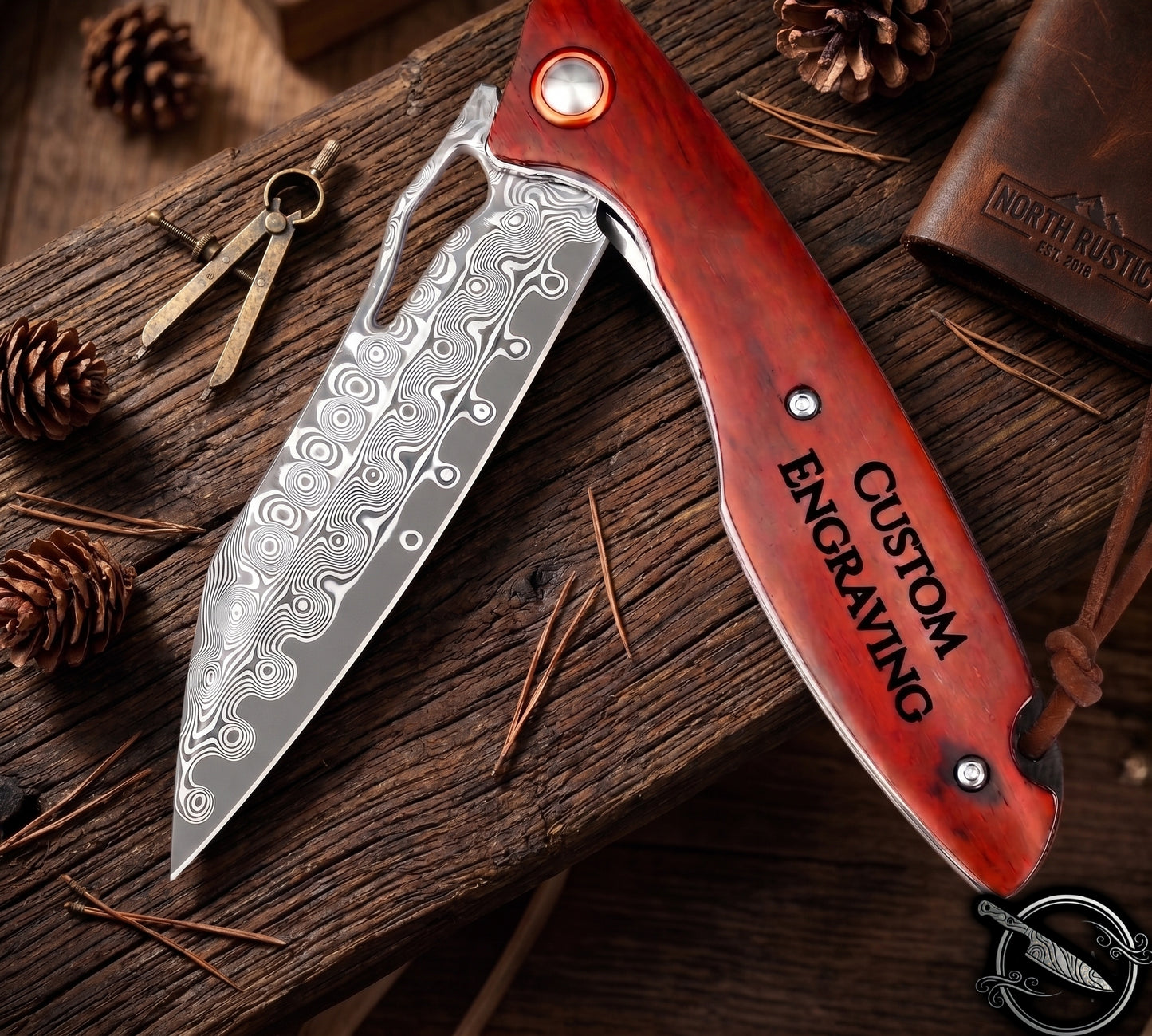 Damascus Folding Tanto Knife Walnut Wood Handle