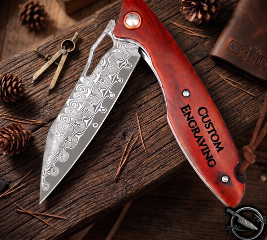 Damascus Folding Tanto Knife Walnut Wood Handle