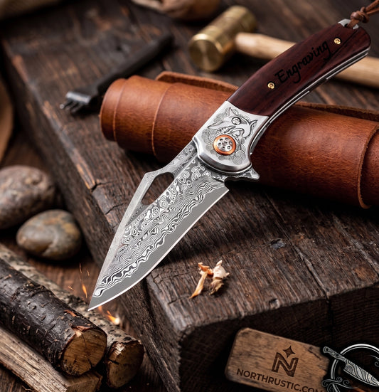 Damascus Pocket Knife Rosewood Handle