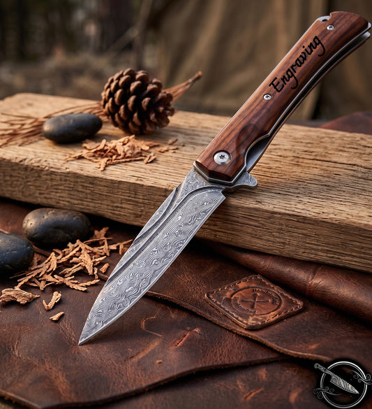 Damascus Pocket Knife Rosewood Handle 4.1" Blade