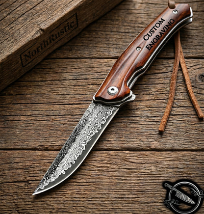 Damascus Folding Knife Rose Wood Handle