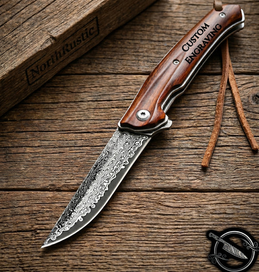 Damascus Folding Knife Rose Wood Handle