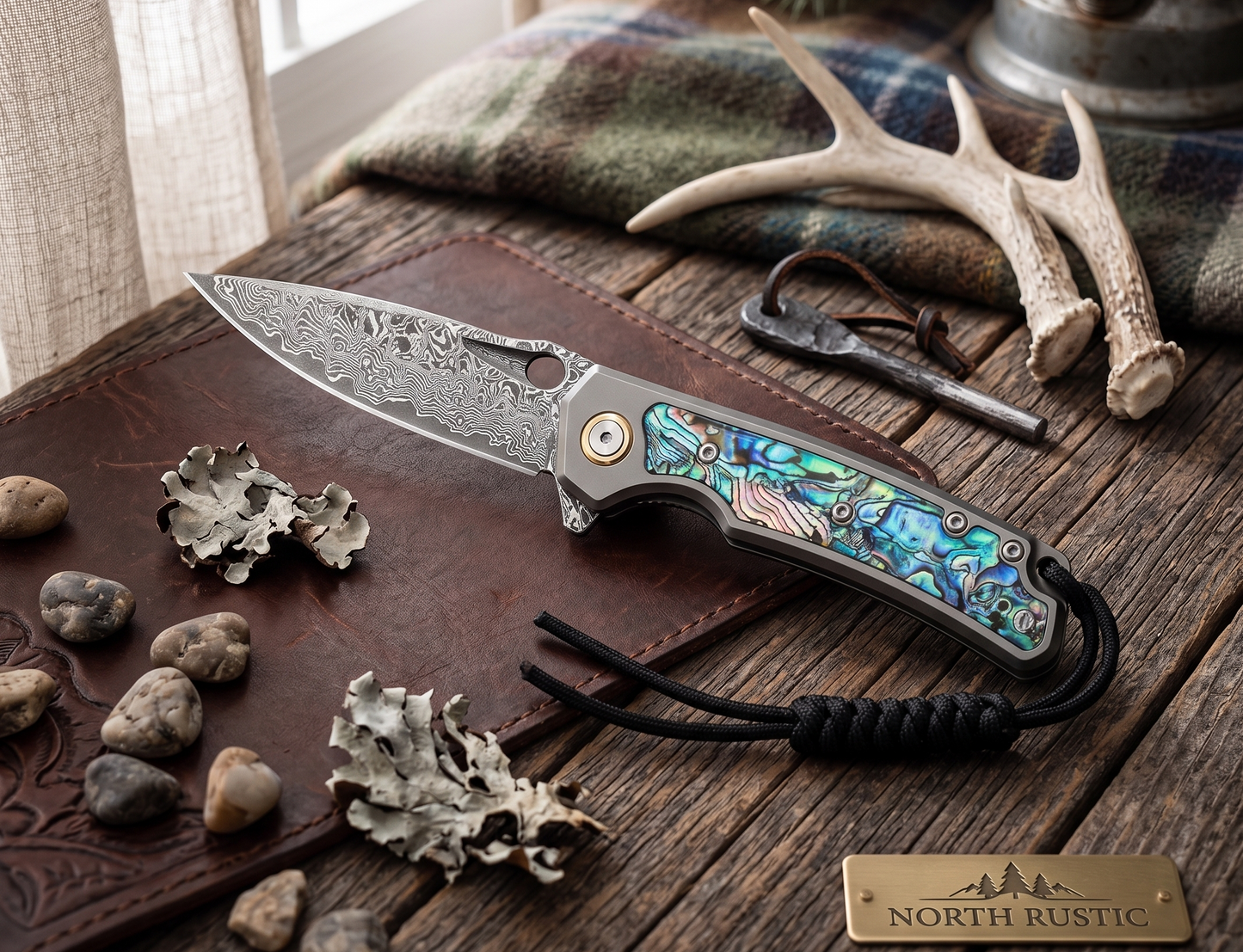 Engraved Damascus Pocket Knife - EDC Folding Knife with Abalone Handle