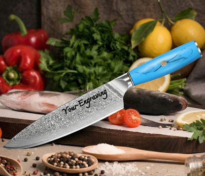 8" Engraved Chef Knife Damascus Chef Blue Resin Handle