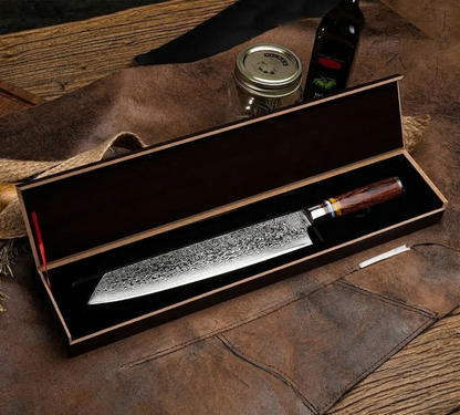 9.5" Engraved Kiritsuke Kitchen Knife Damascus Pakka Wood Handle