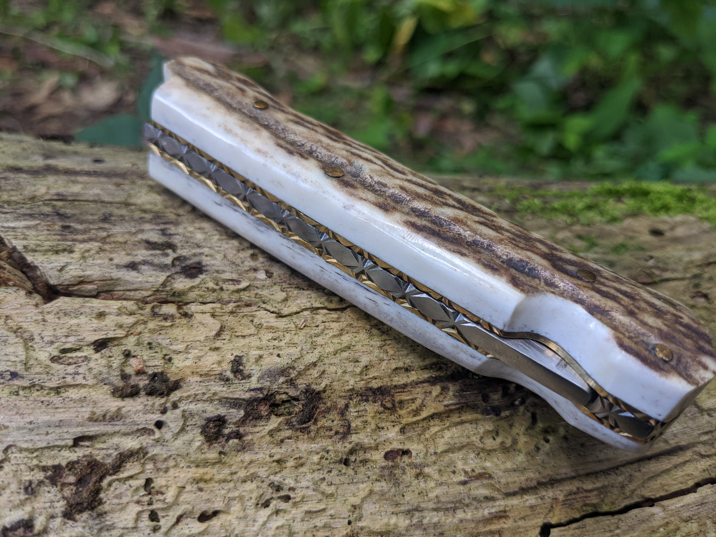 Engraved Damascus Folding Pocket Knife | Deer Antler Handle