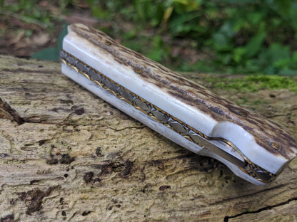 Engraved Damascus Folding Pocket Knife | Deer Antler Handle