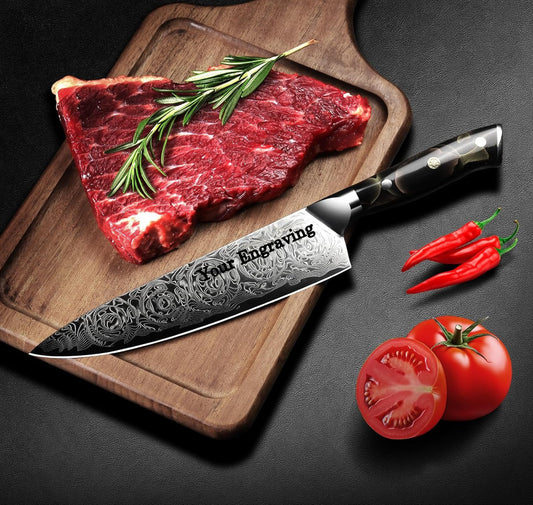 Engraved 8" Damascus VG10 Chef Knife Kitchen Culinary Wood Resin Handle