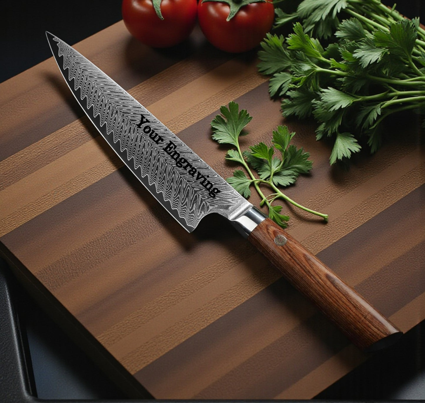 Engraved 8" Damascus Chef Knife Kitchen Pakka Wood Handle