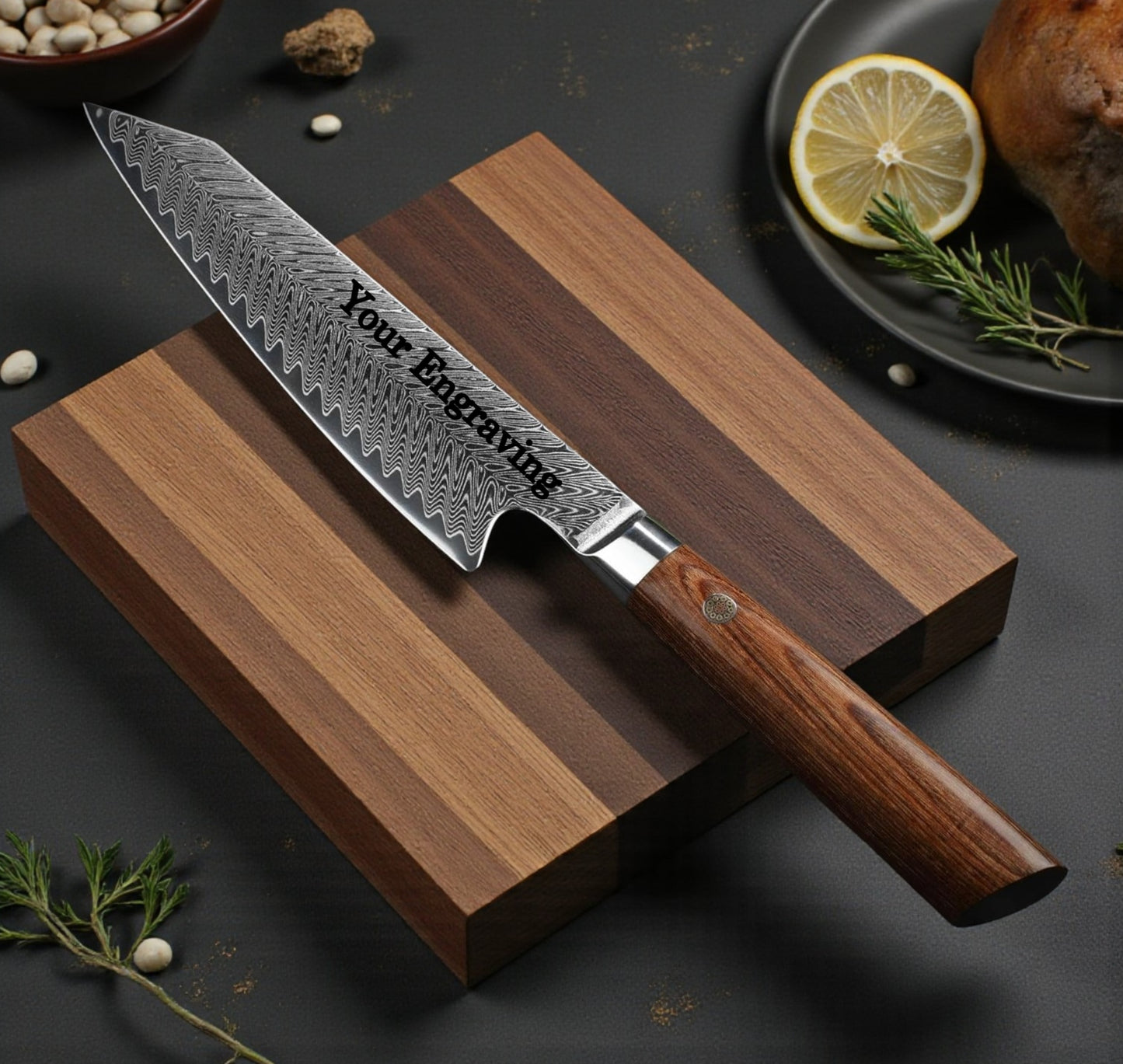 Engraved 8" Damascus Chef Knife Kiritsuke  Kitchen Pakka Wood Handle