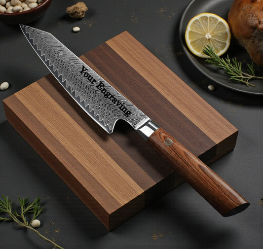 Engraved 8" Damascus Chef Knife Kiritsuke  Kitchen Pakka Wood Handle