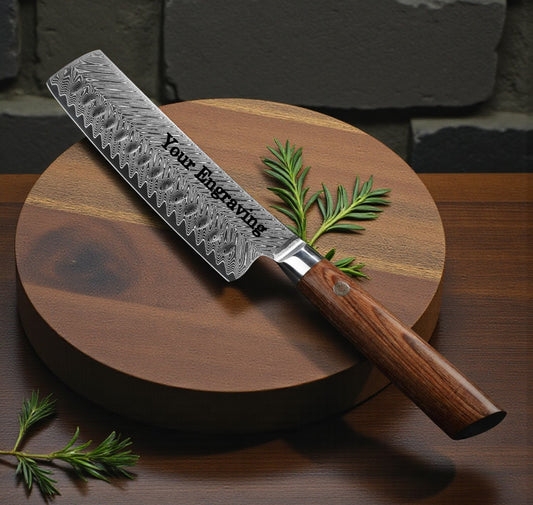 Engraved 8" Damascus Chef Knife Nakiri Kitchen Pakka Wood Handle
