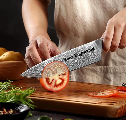 Engraved 8" Damascus Chef Knife Kitchen Olive Wood Handle