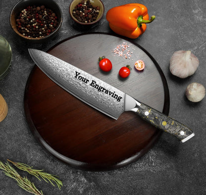 Engraved 8" Damascus Chef Knife Kitchen Gold Flake Resin Handle